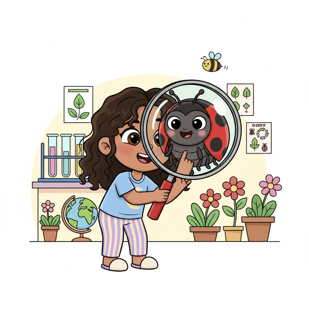 In the science corner, Nia peered through a giant magnifying glass, giggling as a tiny ladybug suddenly looked enormous and friendly. She learned how different parts of nature work together, her curiosity buzzing like a busy bee. Her small fingers carefully traced the ladybug's spots, marveling at its intricate design. Vibrant cartoon style illustration of Nia looking through an exaggeratedly large magnifying glass at a smiling, oversized ladybug. Her face is expressive with delight and curiosity. Bold, clean outlines, bright cheerful colors, and a playful, whimsical setting in the science corner with other fun science tools. Dynamic pose of leaning in with wonder.