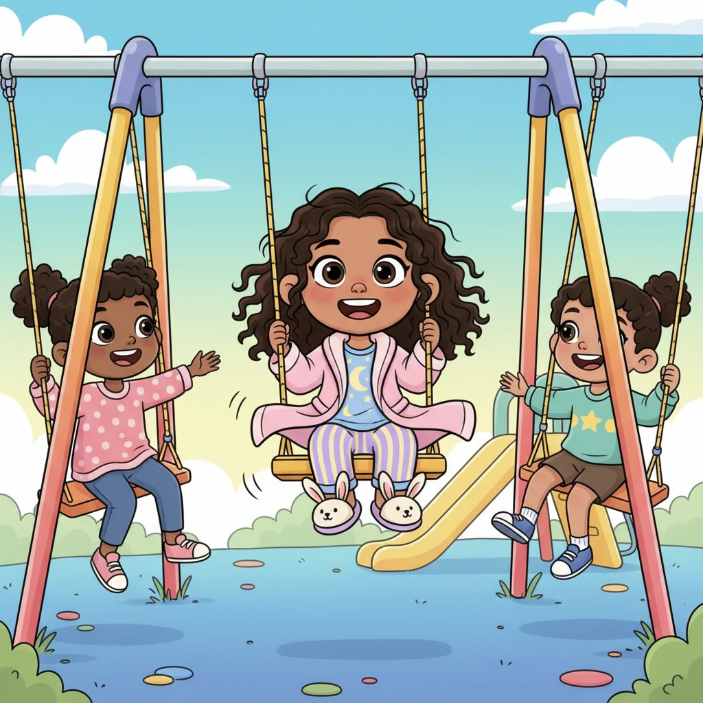 Outside, playtime was a whirlwind of joyous energy as Nia raced across the playground, her dark brown hair flying behind her. She laughed as she swung higher and higher on the swing set, feeling like she could touch the clouds. Her friends joined in, their playful shouts echoing around the bright, sunny park. Vibrant cartoon style illustration of Nia swinging high on a swing set, her hair and clothes flowing with exaggerated motion. Her face is full of pure joy and laughter. Bold, clean outlines, bright cheerful colors, and a dynamic, energetic pose. The playground equipment is playfully oversized and colorful, set against a bright, sunny sky.