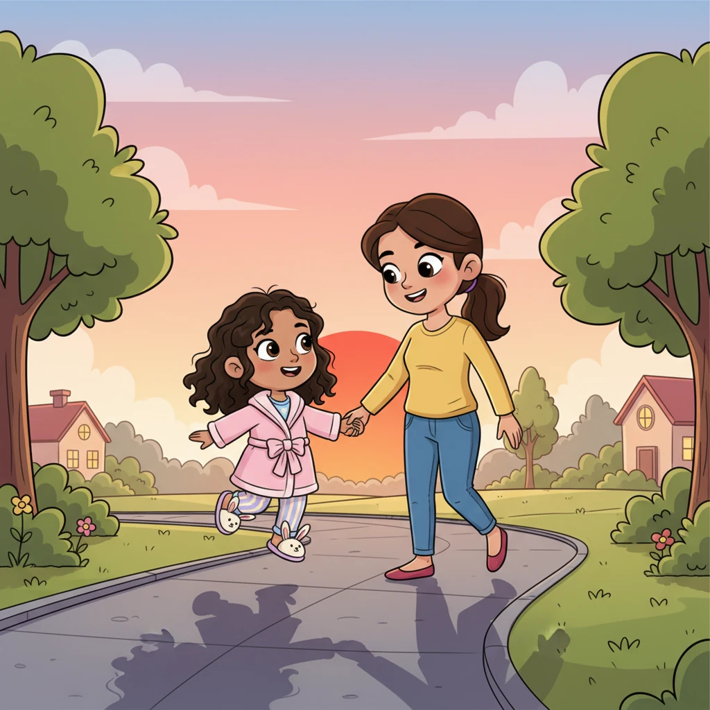 When it was time to go home, Nia held her mom's hand, skipping happily down the sidewalk, sharing all her day's adventures. Even though she was a little tired, her heart felt full from all the wonderful things she had learned and done. The setting sun cast long, friendly shadows behind them as they walked. Vibrant cartoon style illustration of Nia holding her mom's hand, skipping down a sidewalk. Nia's face is expressive with happy chatter, her mom smiles warmly. Bold, clean outlines, cheerful colors of a setting sun casting long, playful shadows. Dynamic poses showing movement and connection, with a lighthearted, friendly atmosphere.