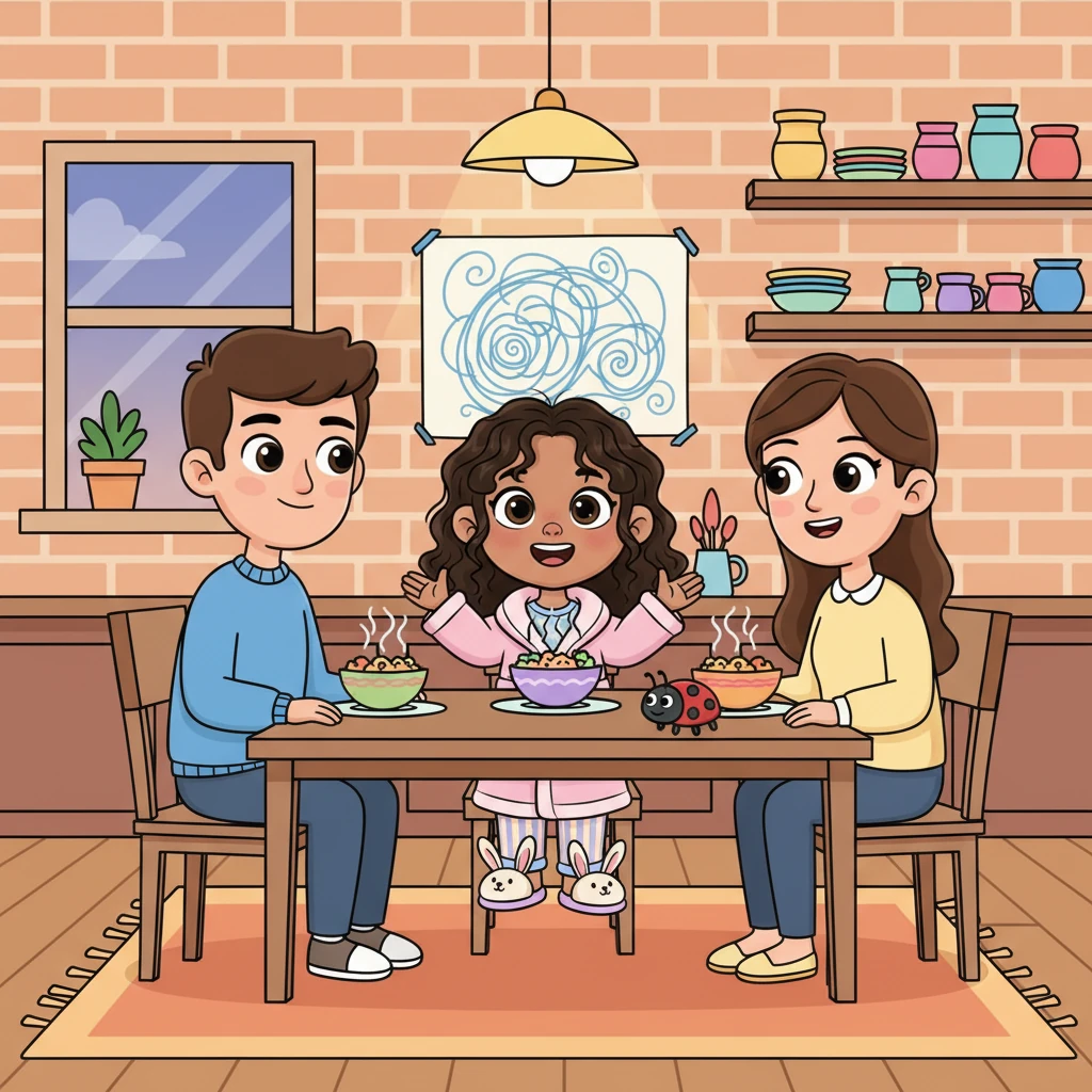 At dinner, Nia excitedly told her parents about the giant ladybug and her swirly blue painting, demonstrating her adventures with animated gestures. Her parents listened with smiles, proud of their little explorer and all the new things she was discovering. The kitchen was warm and cozy, filled with the aroma of a delicious meal. Vibrant cartoon style illustration of Nia at a dinner table, animatedly telling her parents about her day with exaggerated hand gestures and an expressive face. Her parents listen with warm, smiling faces. Bold, clean outlines, cheerful colors, and a cozy, friendly kitchen setting. Dynamic and engaging poses show the family connection.