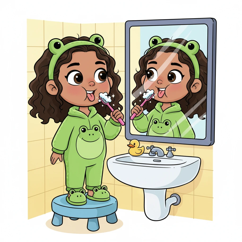 After dinner, Nia brushed her teeth with her sparkly pink toothbrush, making funny faces in the mirror at her reflection. Then, she snuggled into her favorite frog pajamas, feeling soft and warm. She felt a happy tiredness settling over her, ready for a good night's sleep. Vibrant cartoon style illustration of Nia in frog pajamas, brushing her teeth and making a funny, exaggerated face in the mirror. Bold, clean outlines, bright cheerful colors, and a playful, friendly bathroom setting. Dynamic pose showing her playful energy even as she gets ready for bed.