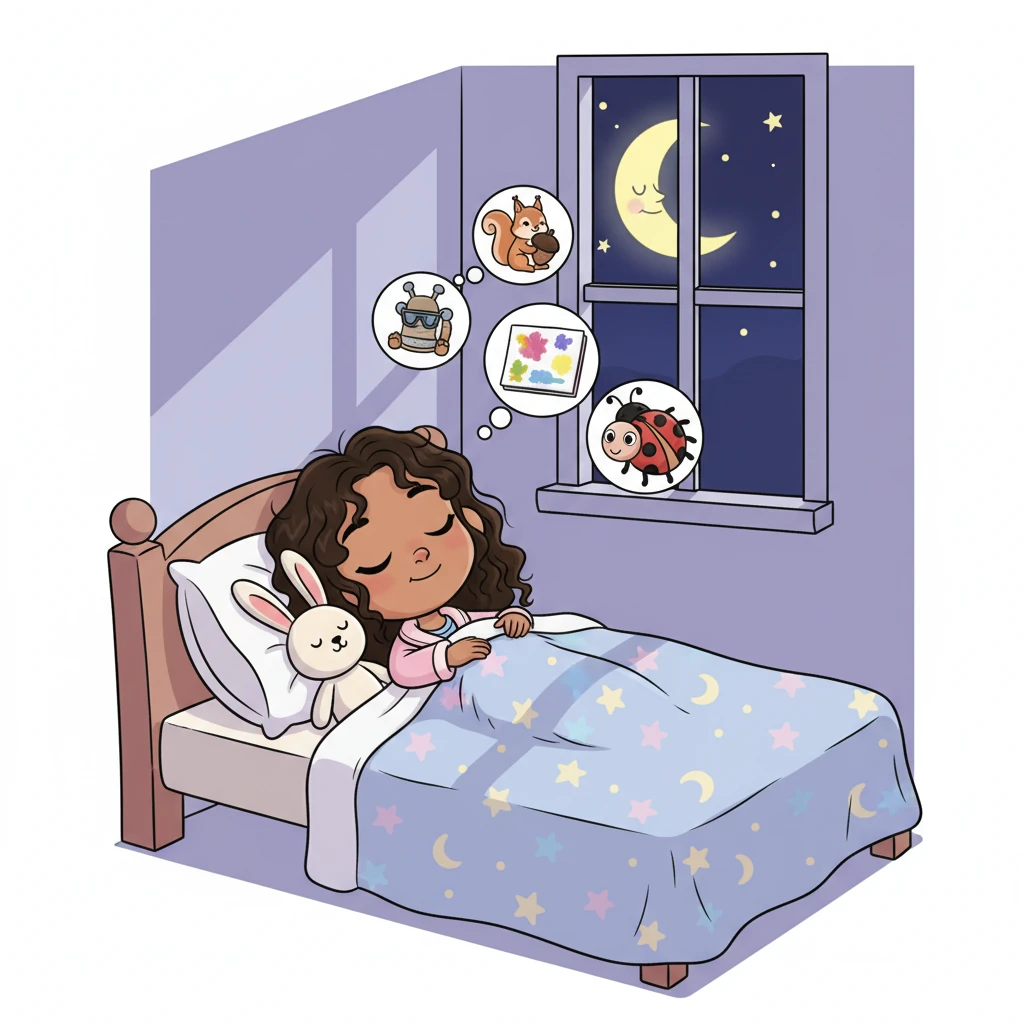 Finally, tucked snugly in her bed with Barnaby beside her, Nia closed her eyes, smiling as she thought of her wonderful school day. The brave squirrel, the colorful painting, and the giant ladybug danced in her mind. As the moon peeked through her window, Nia drifted off to sleep, dreaming sweet dreams of learning and laughter. Vibrant cartoon style illustration of Nia snuggled in bed under a cozy blanket with her plush bunny, Barnaby. Her eyes are gently closed with a peaceful, contented smile on her face. Bold, clean outlines, soft, calming colors of a moonlit bedroom. A gentle, whimsical aesthetic conveying a sense of peace and sweet dreams.