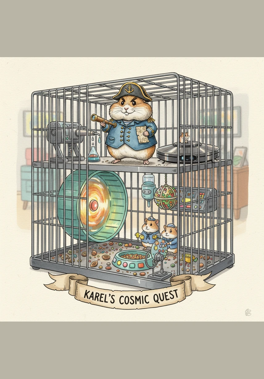 Křeček Karel si nasadil na hlavu víčko od PET lahve jako nablýskanou helmu a přísně se podíval do zrcátka. Byl přesvědčen, že jeho klec není jen drátěná krabice, ale nejmodernější vesmírná stanice Hamster-1. Dnes ho čekal nejdůležitější úkol v dějinách hlodavců: najít legendární Ztracenou sušenku.