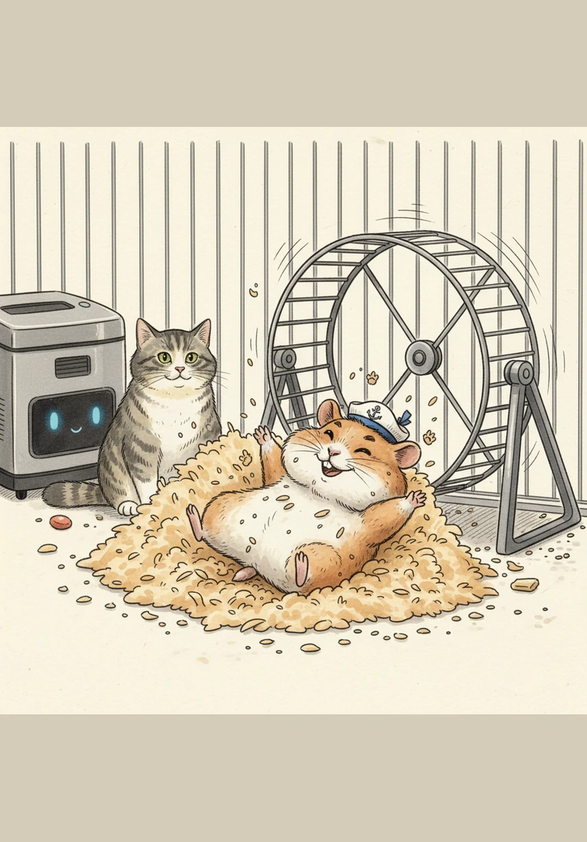 Karel vskočil do svého běhacího kola a začal šlapat tak rychle, až se mu rozmazaly tlapky. Věřil, že právě aktivoval hyperpohon a řítí se rychlostí světla k vedlejší galaxii s názvem Obývák. Náhlé zastavení ho ale vymrštilo přímo do hromady hoblin, což považoval za úspěšné přistání v měkkém terénu.