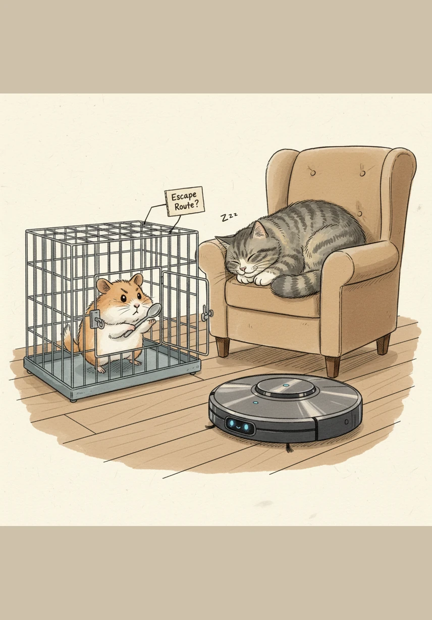 Za mřížemi se objevila obrovská chlupatá tvář rodinného kocoura Mourka, kterého Karel považoval za nebezpečného mimozemšťana z planety Mňau. Karel se nenechal zastrašit a pokusil se o diplomatický kontakt tím, že na kocoura výhružně zamával kouskem brokolice. Mourek jen znuděně zívl a odešel, což si Karel zapsal jako vítězství nad mezigalaktickou hrozbou.