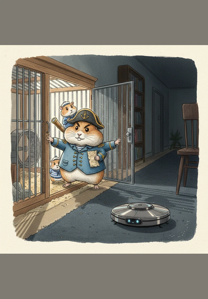 Najednou si Karel všiml, že dvířka klece zůstala pootevřená, což v jeho očích znamenalo kritické selhání přechodové komory. Odvážně se protáhl ven a poprvé v životě stanul na nekonečných pláních koberce, kterému říkal Prášivá pustina. Každé smítko prachu pro něj bylo nebezpečným meteoritem, kterému se musel obratně vyhnout.