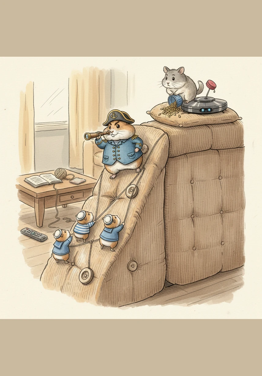 Před Karlem se tyčilo obrovské pohoří známé jako Pohovka, jehož vrcholky mizely v nedohlednu. S vypětím všech sil a hlasitým funěním se drápal nahoru, přičemž používal své drápky jako horolezecké skoby. Když konečně dosáhl vrcholu, vítězoslavně zapískal, i když se mu pod tlapkami houpalo měkké polstrování.