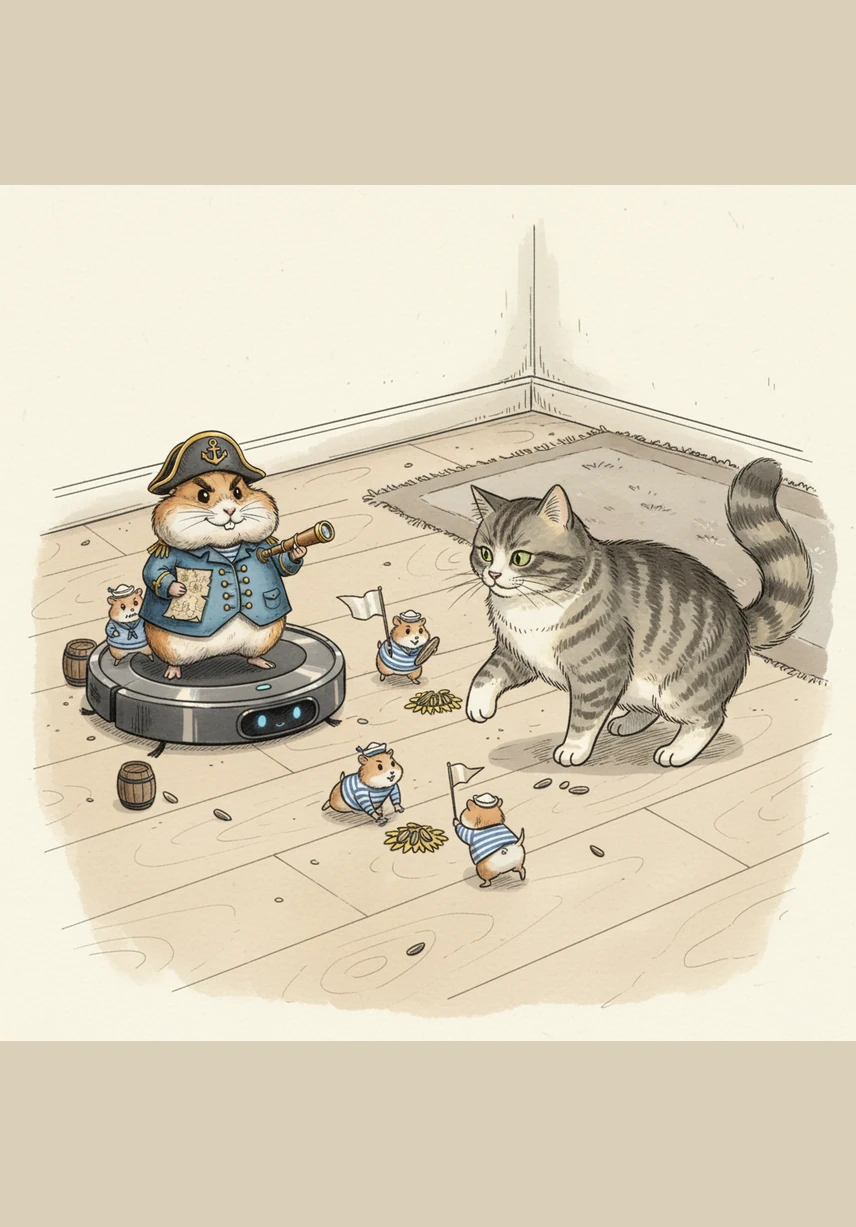 Na obzoru spatřil cíl své cesty – čokoládovou sušenku, která vypadla dětem při svačině a teď zářila jako zlatý poklad. Cestu mu však zastoupila mechanická bestie, robotický vysavač, který se s hrozivým hučením blížil přímo k němu. Karel se naježil a připravil se k boji, i když byl asi padesátkrát menší než jeho protivník.