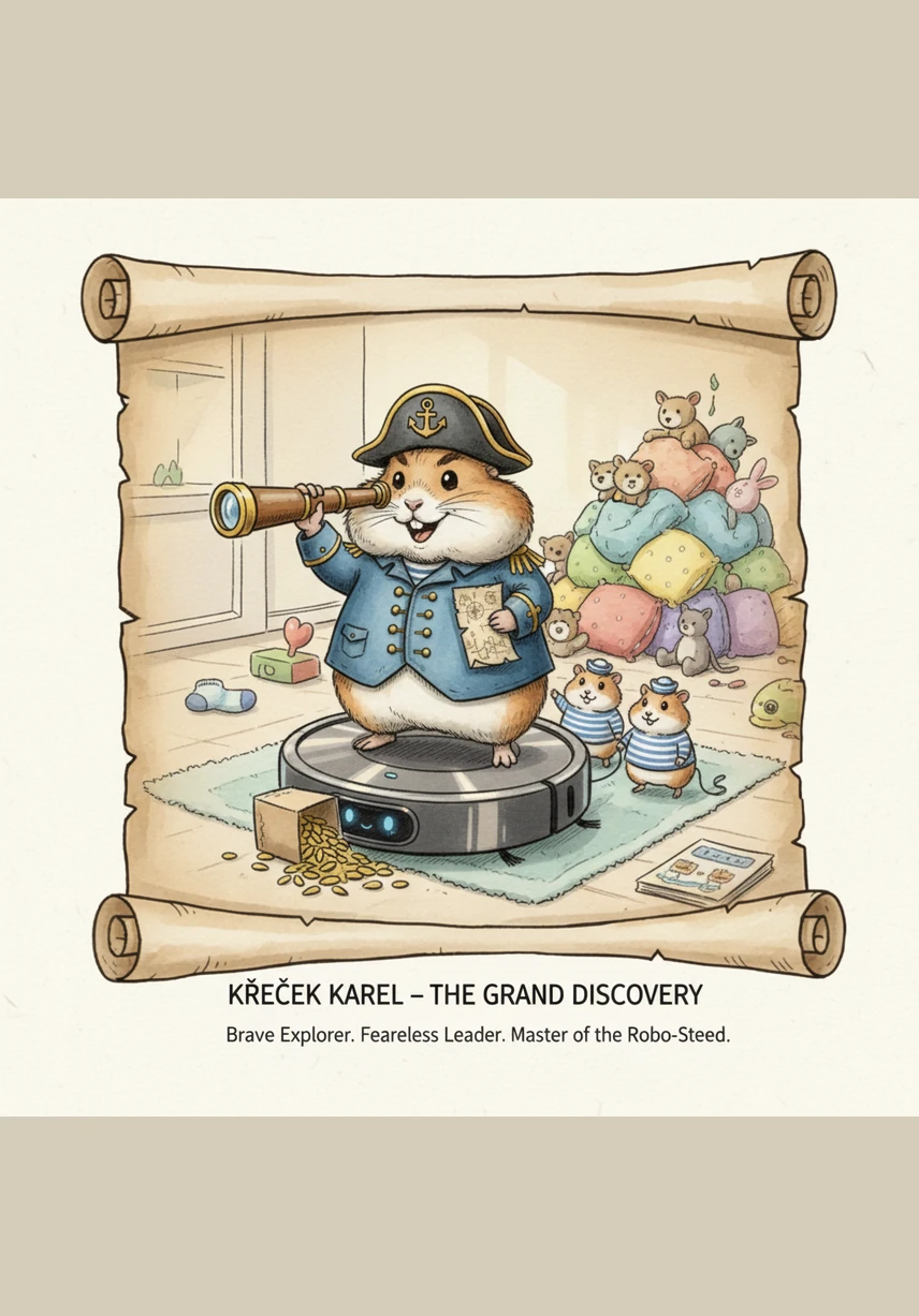 Shodou náhod vysavač do Karla jemně narazil a křeček na něj v leknutí vyskočil. Místo útěku se hrdě postavil na hřbet stroje a začal ho ovládat jako svůj nový hvězdný křižník. S větrem ve vousech se proháněl po pokoji a připadal si jako nejmocnější admirál v celé sluneční soustavě.