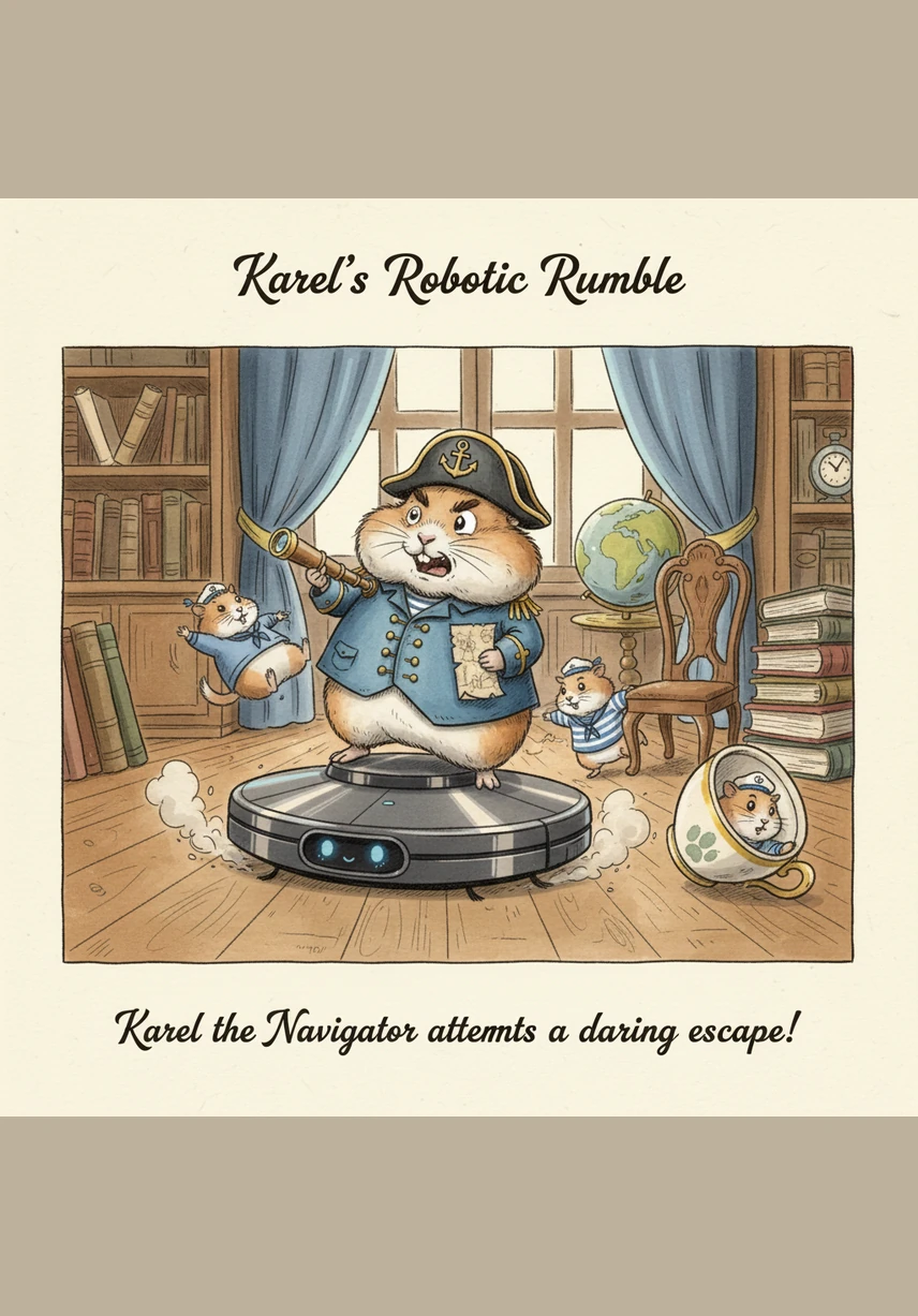 Když vysavač zajel pod záclonu, Karel se rozhodl pro dramatický výsadek a skočil do látky. Místo elegantního seskoku se však do záclony zamotal jako chlupaté burrito a bezmocně se houpal nad zemí. Musel použít své ostré zuby, aby se z textilního vězení prokousal ven, zatímco pod ním zvědavě čichal pes.