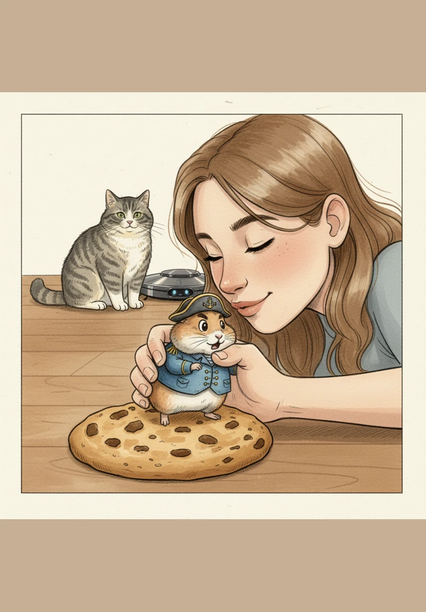 Právě ve chvíli, kdy Karel konečně tlapkou spočinul na vytoužené sušence, objevila se obrovská ruka majitelky Adélky. Karel ztuhl a myslel si, že ho právě unáší vyšší civilizace do své mateřské lodi. Adélka ho jemně zvedla, dala mu pusu na bříško a s úsměvem ho nesla zpátky k jeho vesmírné stanici.