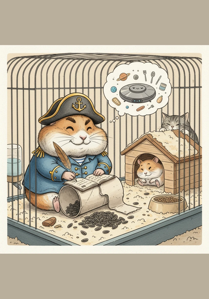 Karel se vrátil do klece i se svým úlovkem a okamžitě se pustil do oslavné hostiny. Do svého deníku, což byla ve skutečnosti rozkousaná rulička od toaletního papíru, si zaznamenal, že mise byla úspěšná. Unavený, ale šťastný, se zachumlal do domečku a začal snít o tom, že příště poletí prozkoumat tajemnou planetu Kuchyně.