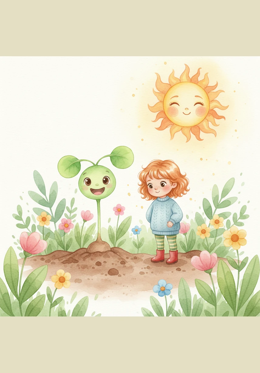 A bright and colorful book cover illustration featuring a happy, smiling little seed tucked inside soft brown soil, surrounded by a cheerful garden background.