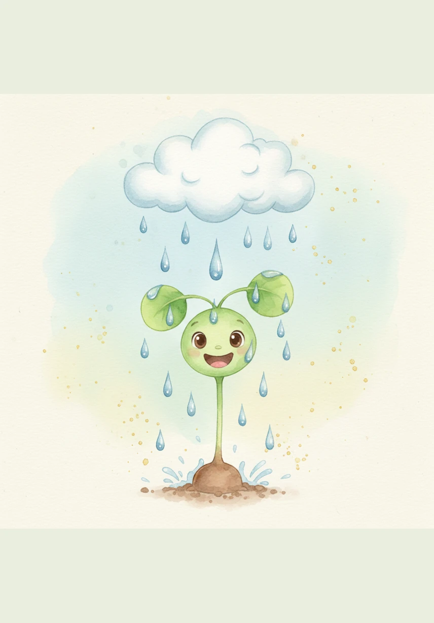 Gentle blue raindrops fall from a soft cloud onto the brown earth. The tiny seed looks up happily, drinking the cool water and starting to grow a tiny, strong root into the soil.