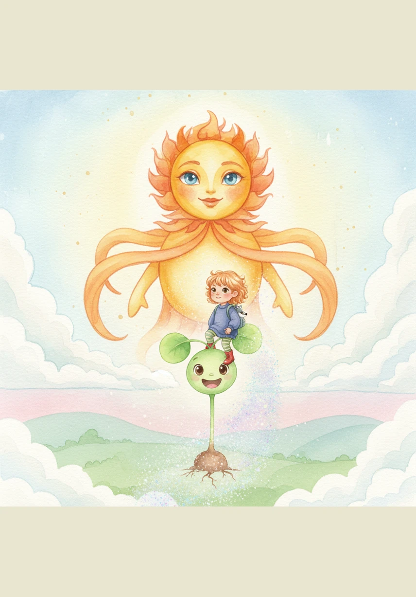 A big, smiling yellow sun shines brightly in a clear blue sky. The warmth reaches Sprout underground, making her feel cozy and giving her the energy to stretch her tiny green arms upward.