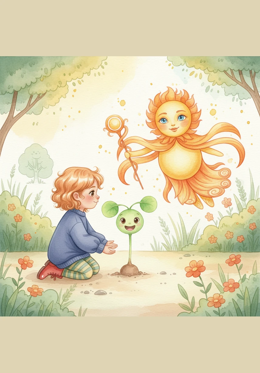 A tiny, bright green sprout with two small, round leaves pops out of the brown soil. The little plant looks around the big, sunny garden with wide, curious eyes and a big smile.