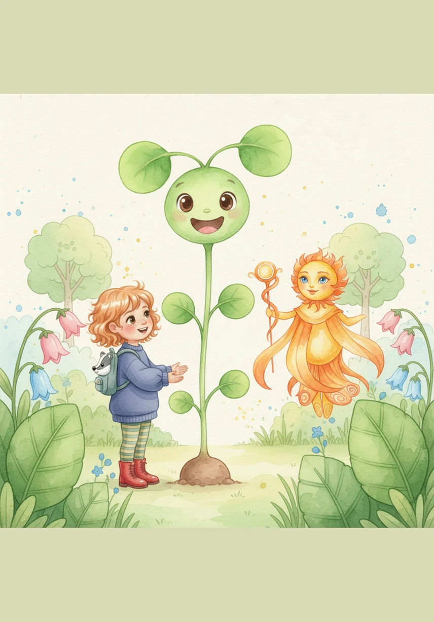 Sprout is now a bit taller with several vibrant green leaves. A colorful butterfly flutters nearby under a bright blue sky, and the little plant looks very happy to be part of the garden.