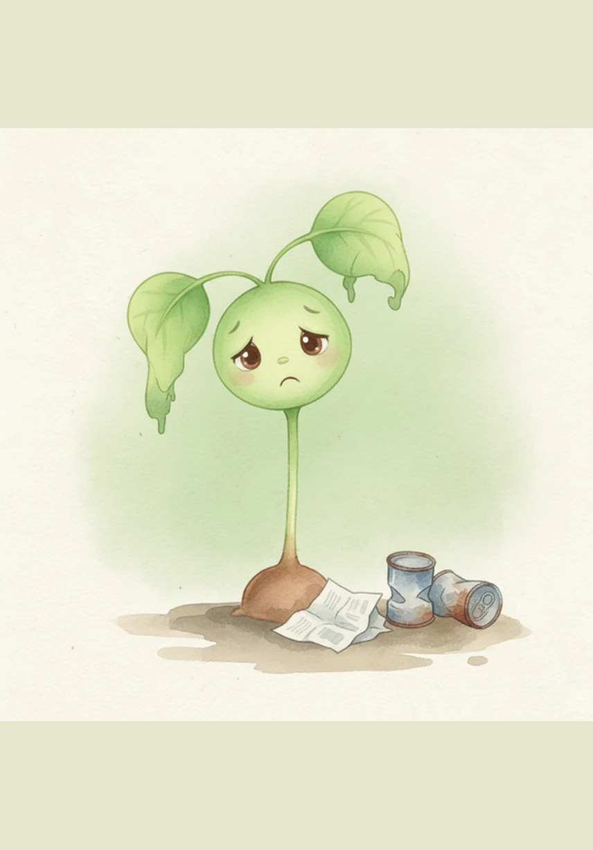 Some crumpled paper and old cans lie on the ground right next to the little plant. Sprout looks sad and mosey, with her leaves drooping slightly because the trash is making the earth dirty.