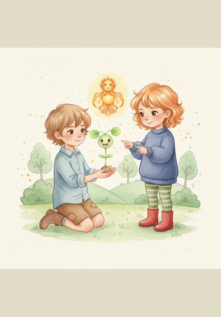 A young boy and girl with kind faces and bright clothes are bending down to pick up the trash. They are carefully putting the litter into a bin, making the garden clean and beautiful again.