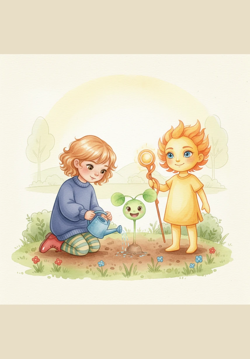 The two children are using a bright red watering can to give Sprout a fresh drink of clean water. The little plant looks refreshed and is starting to stand up straight and proud again.