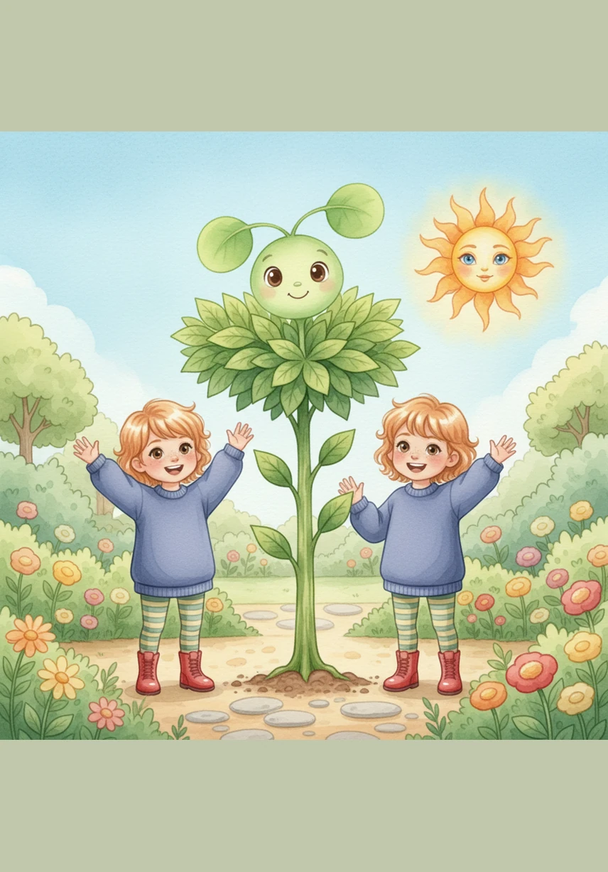 Sprout is now a tall, strong, and healthy plant with many lush green leaves. She stands in a beautiful, clean garden with the children smiling and waving happily beside her.