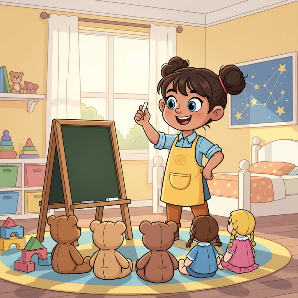 Little Maya, with wide, sparkling eyes, stands proudly before a row of attentive teddy bears and dolls, holding a tiny piece of chalk. She mimics a strict but loving teacher, her small classroom filled with the joyful hum of a big dream taking root.