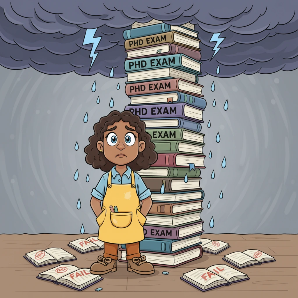 Maya faces a towering pile of exam books, her face creased with worry, as storm clouds gather above her head. Six times she attempted the daunting PhD entrance exam, each failure feeling like a public and private storm of doubt.