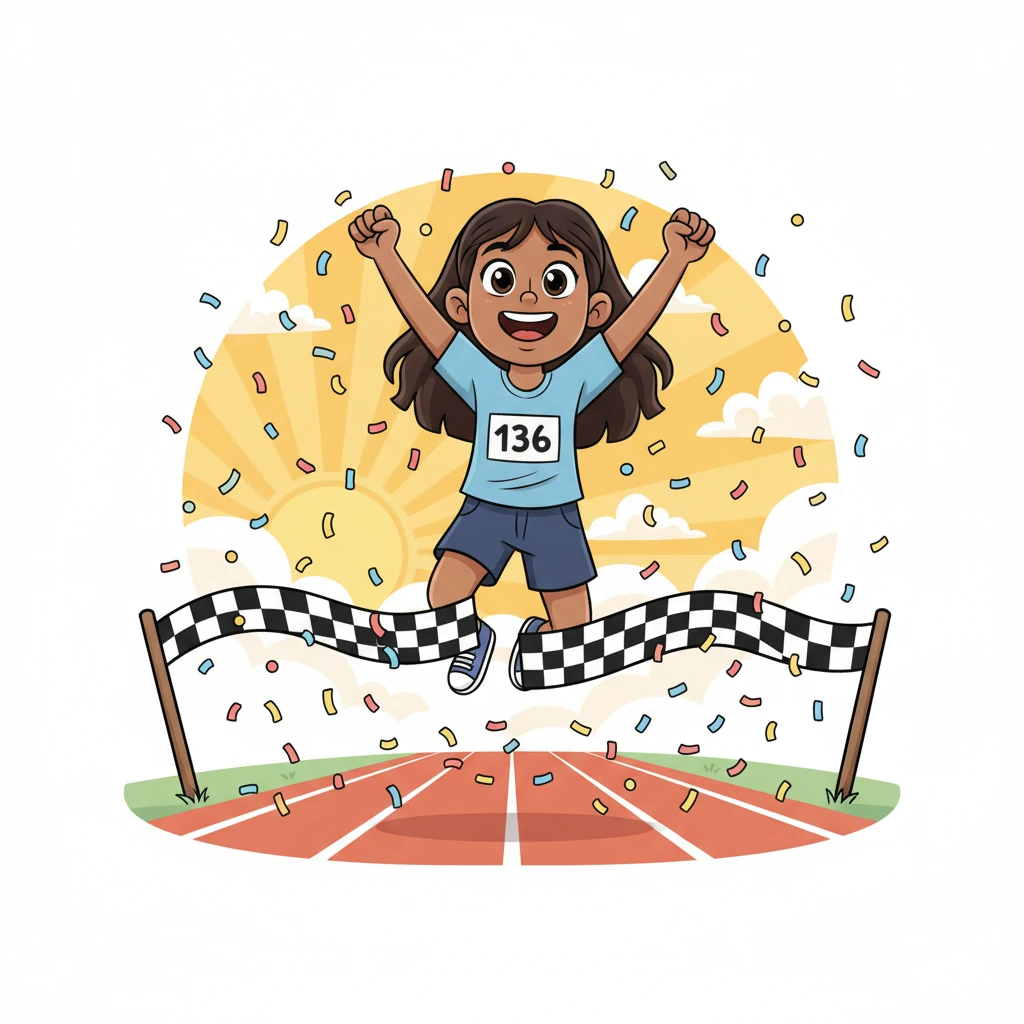 With a burst of determination, Maya leaps triumphantly over a finish line, confetti showering around her as the sun breaks through the clouds. Her seventh attempt at the exam is a resounding success, a testament to her unwavering spirit.