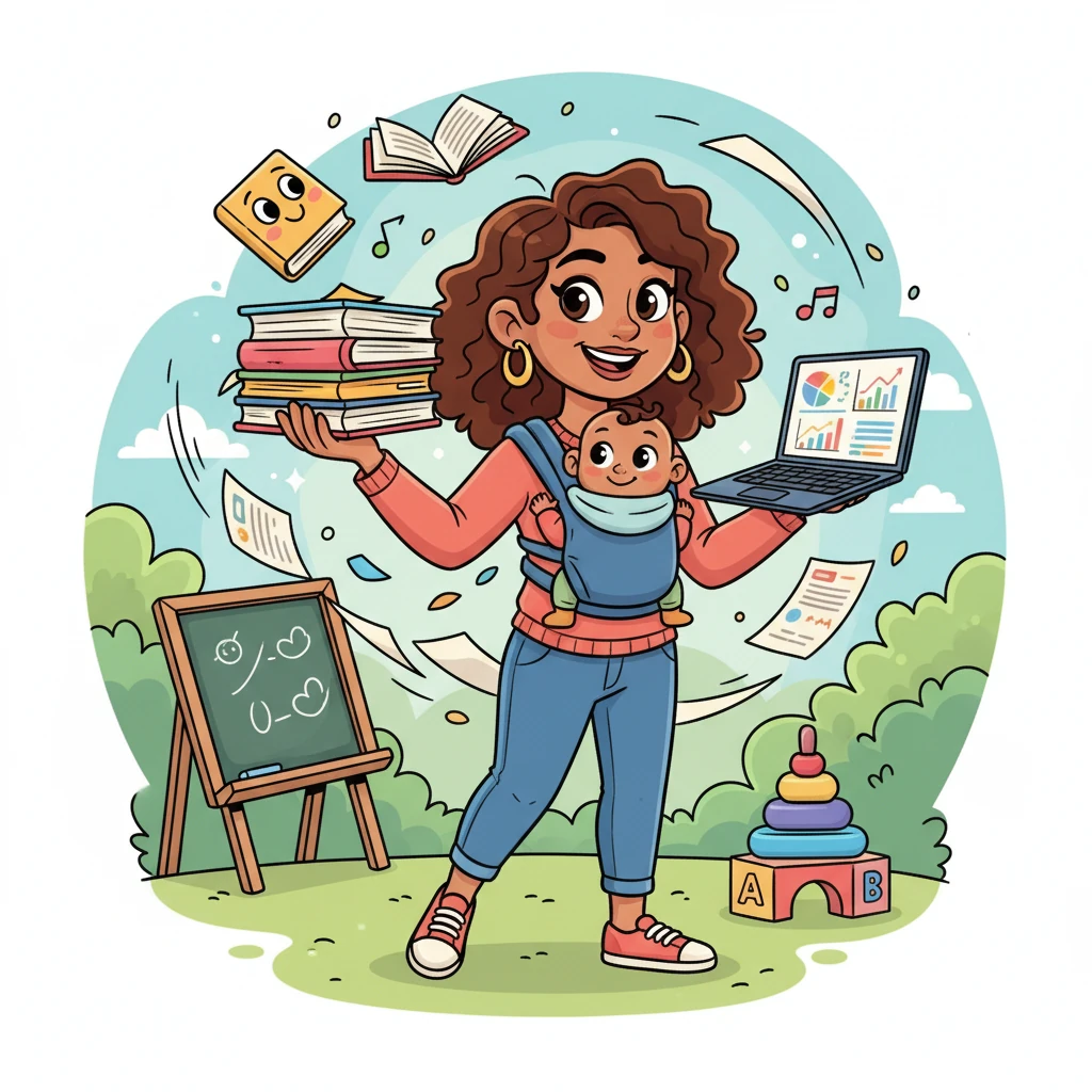 Maya transforms into a whirlwind of activity, juggling a stack of research papers, a laptop, and a baby in a carrier, all while smiling brightly. She masterfully balances her academic pursuits, teaching duties, and the precious roles of wife and mother.