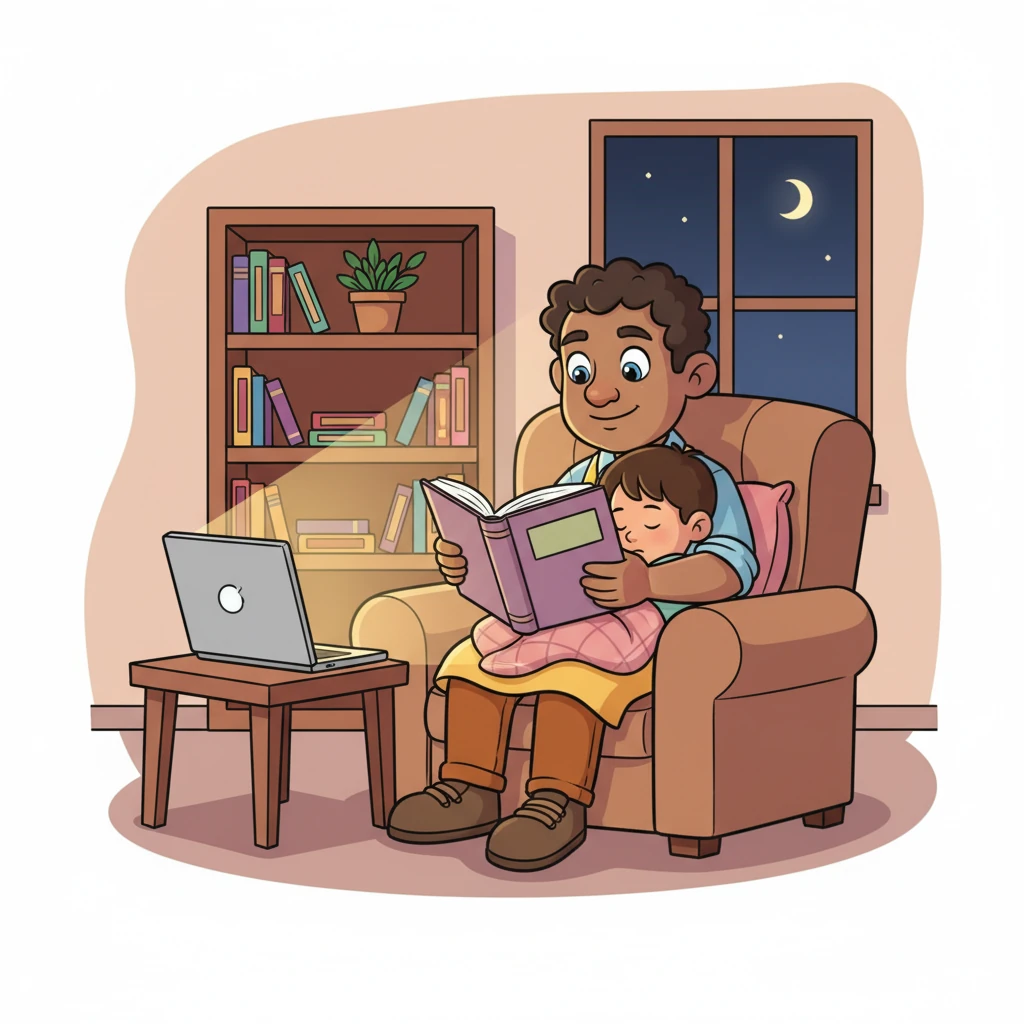 Late into the night, Maya reads from a thick academic book, her voice a gentle lullaby for her sleeping child nestled close by. The soft glow of her laptop illuminates the quiet moments where deadlines and family blend into a tapestry of love and dedication.