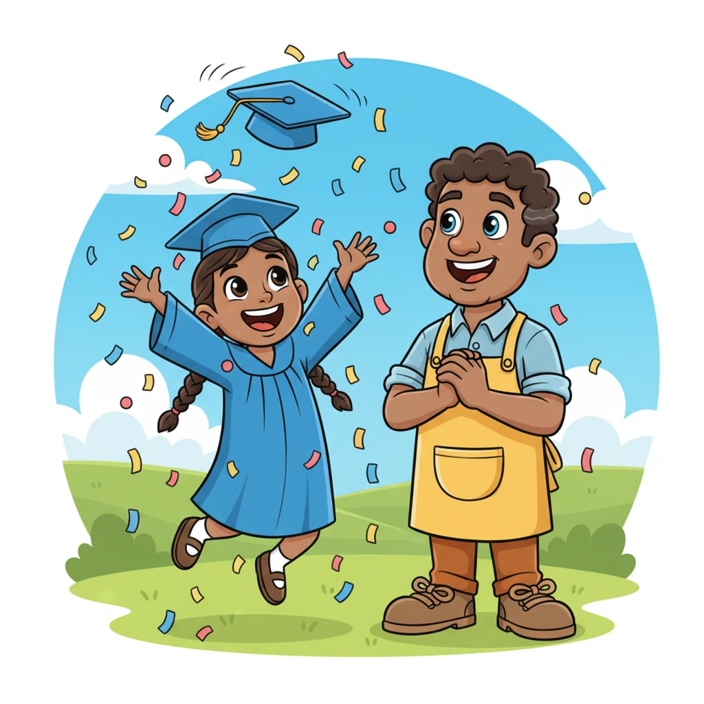 Maya, beaming with pride in her graduation cap and gown, tosses her cap high into the air, confetti cascading around her. Her proud father stands beside her, his face alight with joy, witnessing the culmination of her incredible journey.