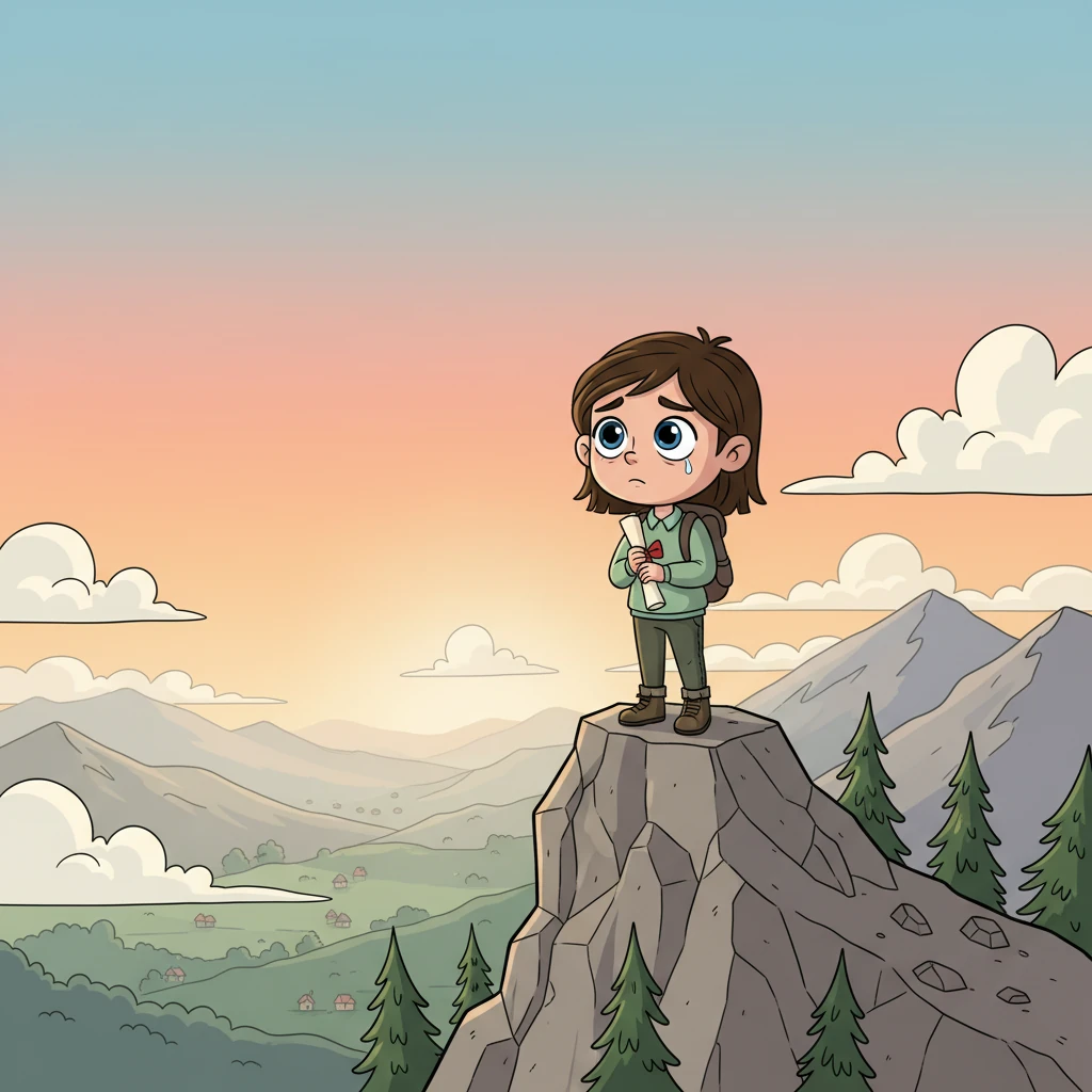 Standing alone on a majestic mountain peak, Maya holds her freshly earned diploma, the view stretching endlessly before her. A profound sadness touches her eyes, for though she reached her summit, the person who fueled her climb is no longer there to share the breathtaking view.