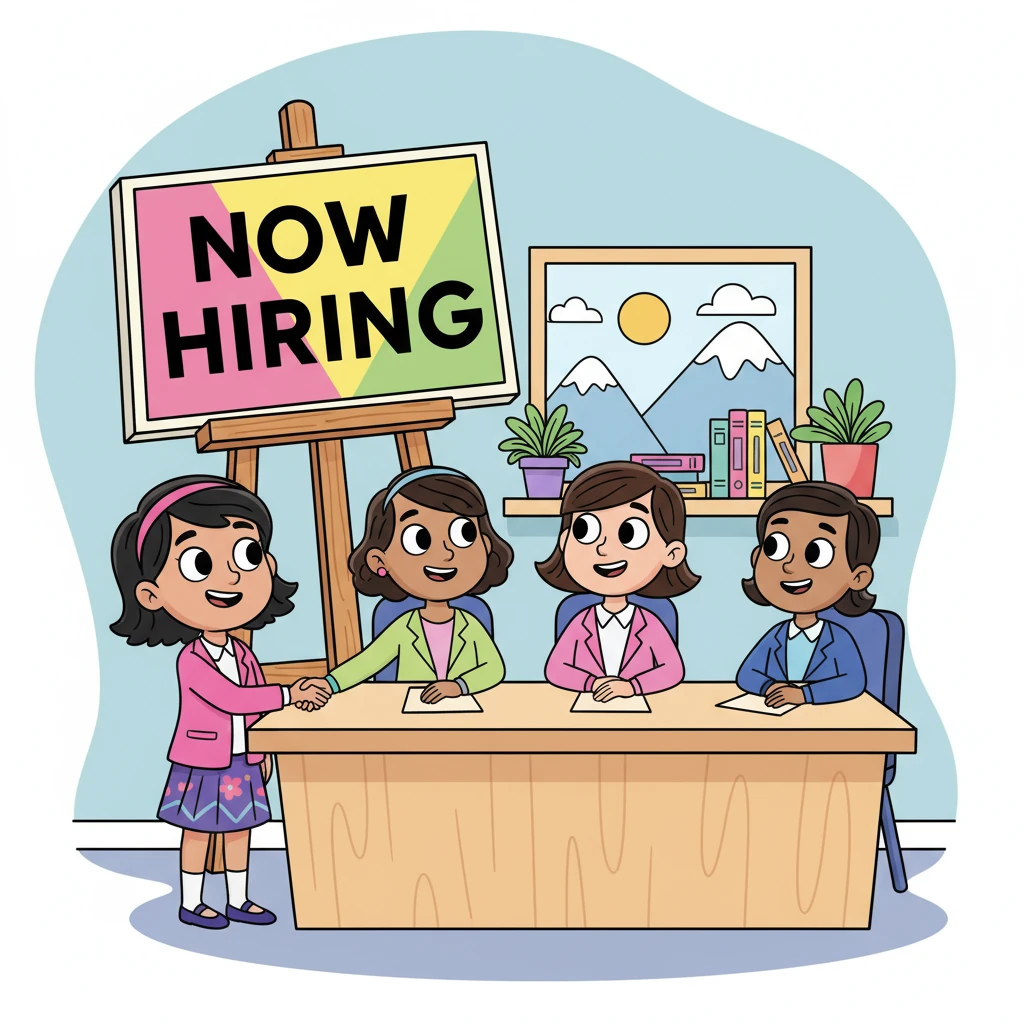 Dressed smartly, Maya confidently shakes hands with a panel of interviewers, her vibrant personality shining through. A 'Now Hiring' sign in the background symbolizes the new mountain she is preparing to climb in her academic career.