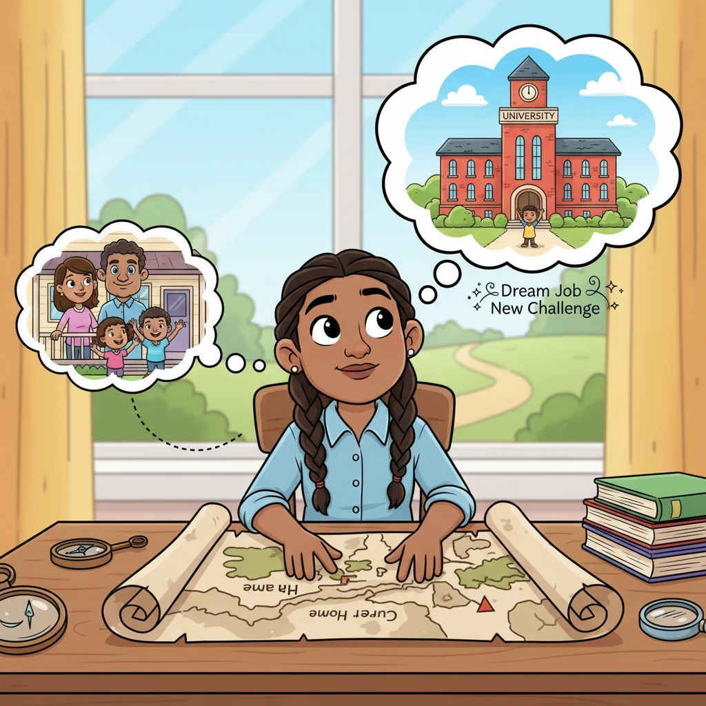 Maya gazes at a map, a thoughtful expression on her face, as a new university building appears in a thought bubble far from her current home. Her dream job beckons, but it also means a new challenge of distance from her beloved family.
