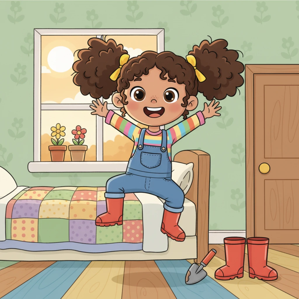 Lily wakes up with a giant grin, her eyes sparkling like dewdrops. Her bright red wellies and a tiny gardening trowel are waiting by the door, ready for a grand adventure. Today is allotment day, and she can barely contain her wiggles of excitement!