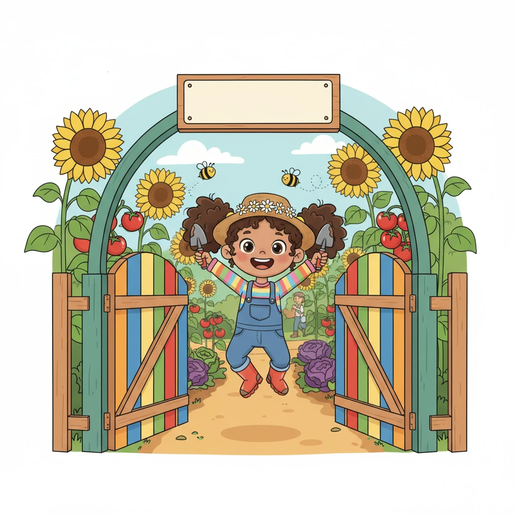 Zoom! Lily bounces through the big, colorful gates of the Sunny Patch Allotment. Rows of tall sunflowers wave hello, and juicy tomatoes peek out from leafy green plants, creating a joyful riot of colors and shapes. The air hums with busy bees and happy chatter.