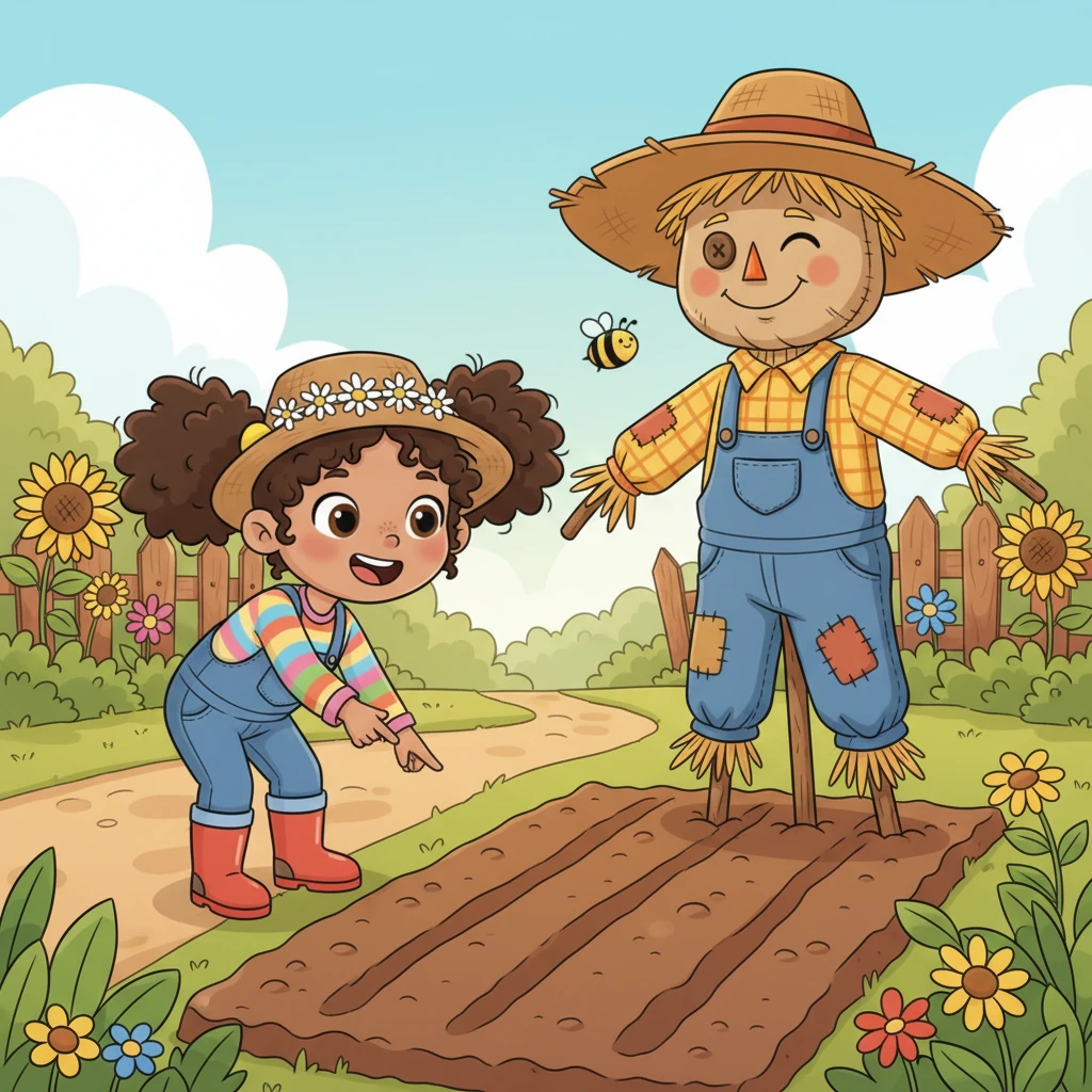 Lily finds her family's special patch, a cozy little corner bursting with promise. A friendly scarecrow with a floppy hat leans over, seemingly winking at her. Empty rows of rich brown earth beckon, ready for new tiny seeds to begin their journey.