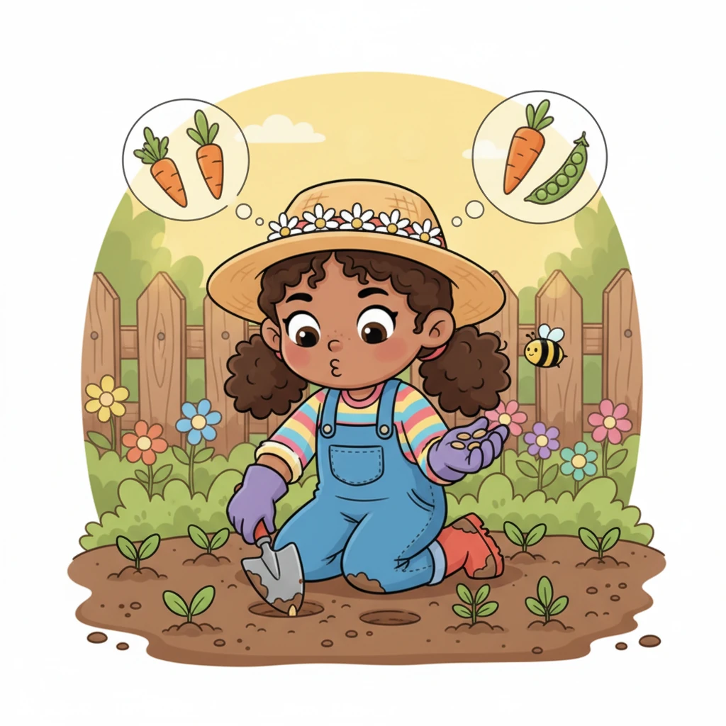 With a determined puff, Lily carefully pokes tiny holes in the soft soil with her trowel. She gently drops in little round seeds, imagining them growing into crunchy carrots and sweet peas. Each seed is a tiny wish for a delicious harvest.
