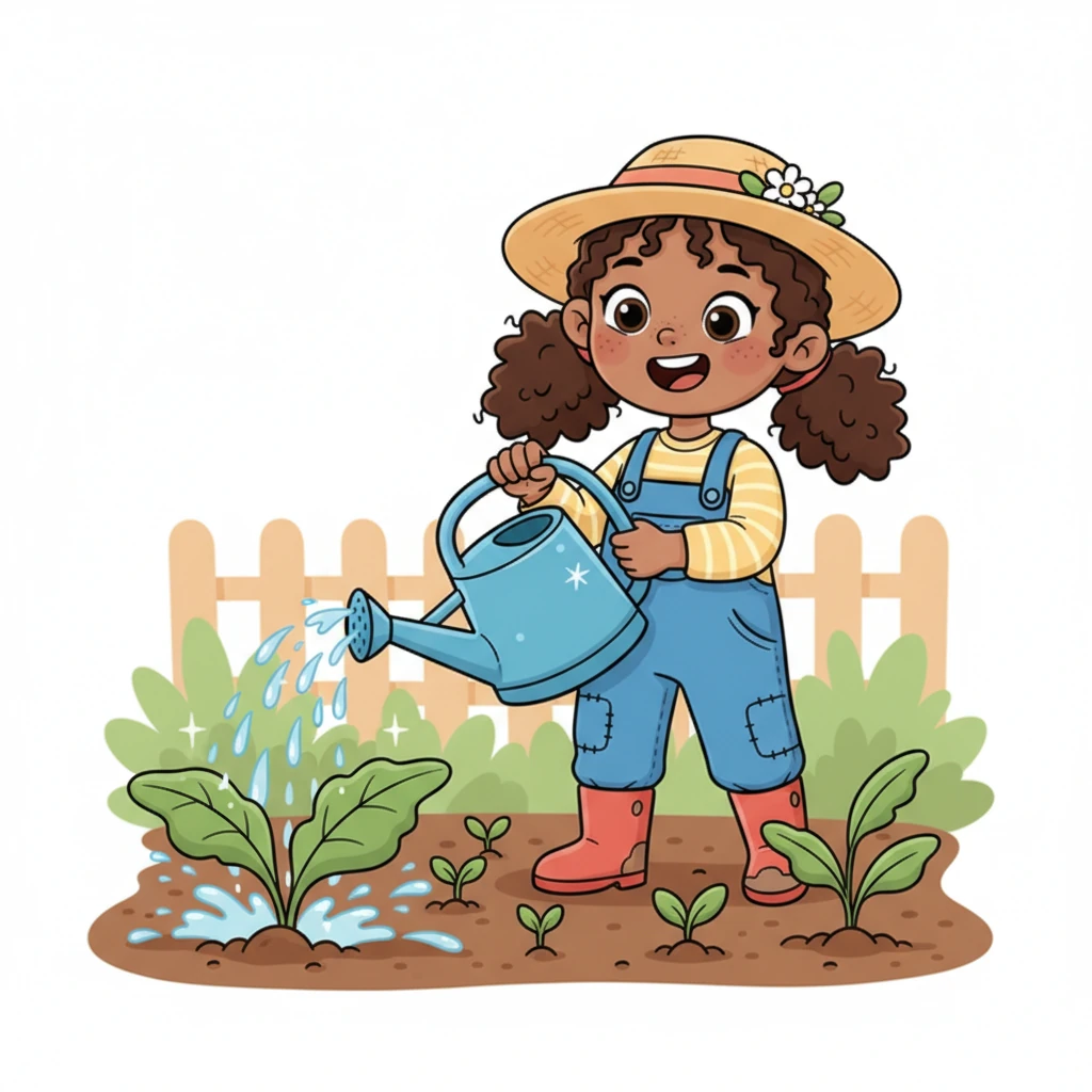 Swish, swash! Lily giggles as she tips her enormous blue watering can, showering the thirsty earth with sparkling water. Droplets dance and shimmer on the leaves, making the plants perk up like happy little dancers. The soil drinks deeply, ready to nourish the new sprouts.