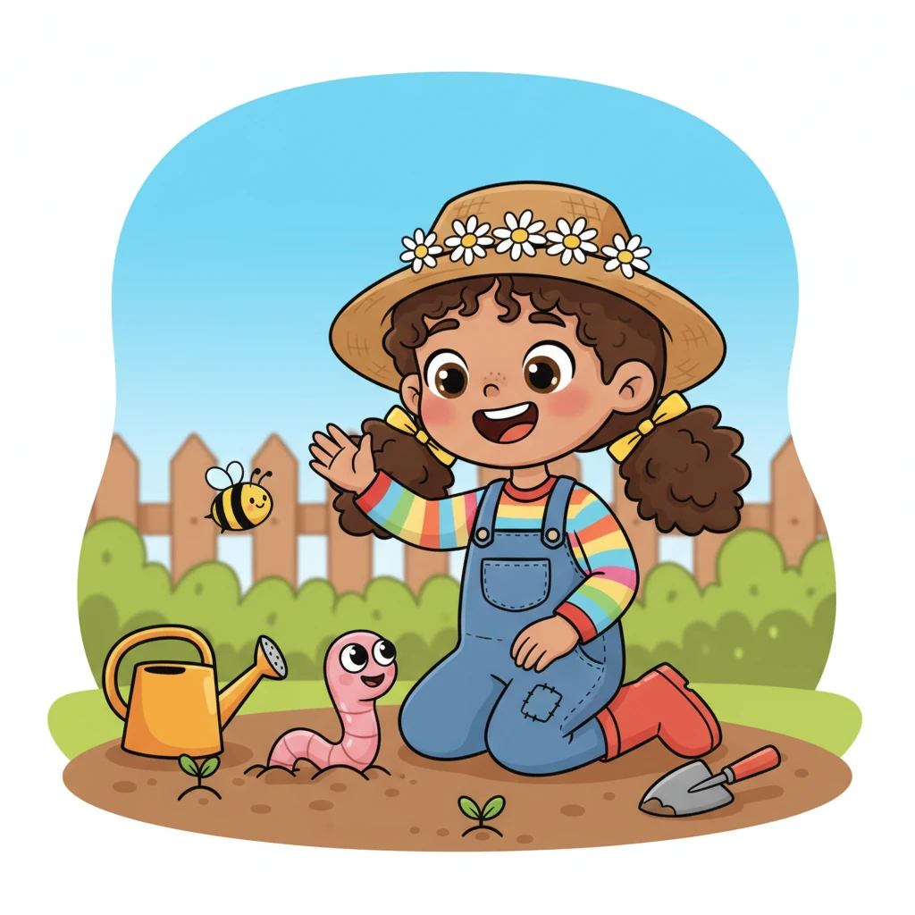 Suddenly, a plump, wiggly worm pops its head out of the soil right in front of Lily! Its tiny eyes blink up at her, making her laugh with delight. She gives it a friendly wave, happy to meet a new underground helper.