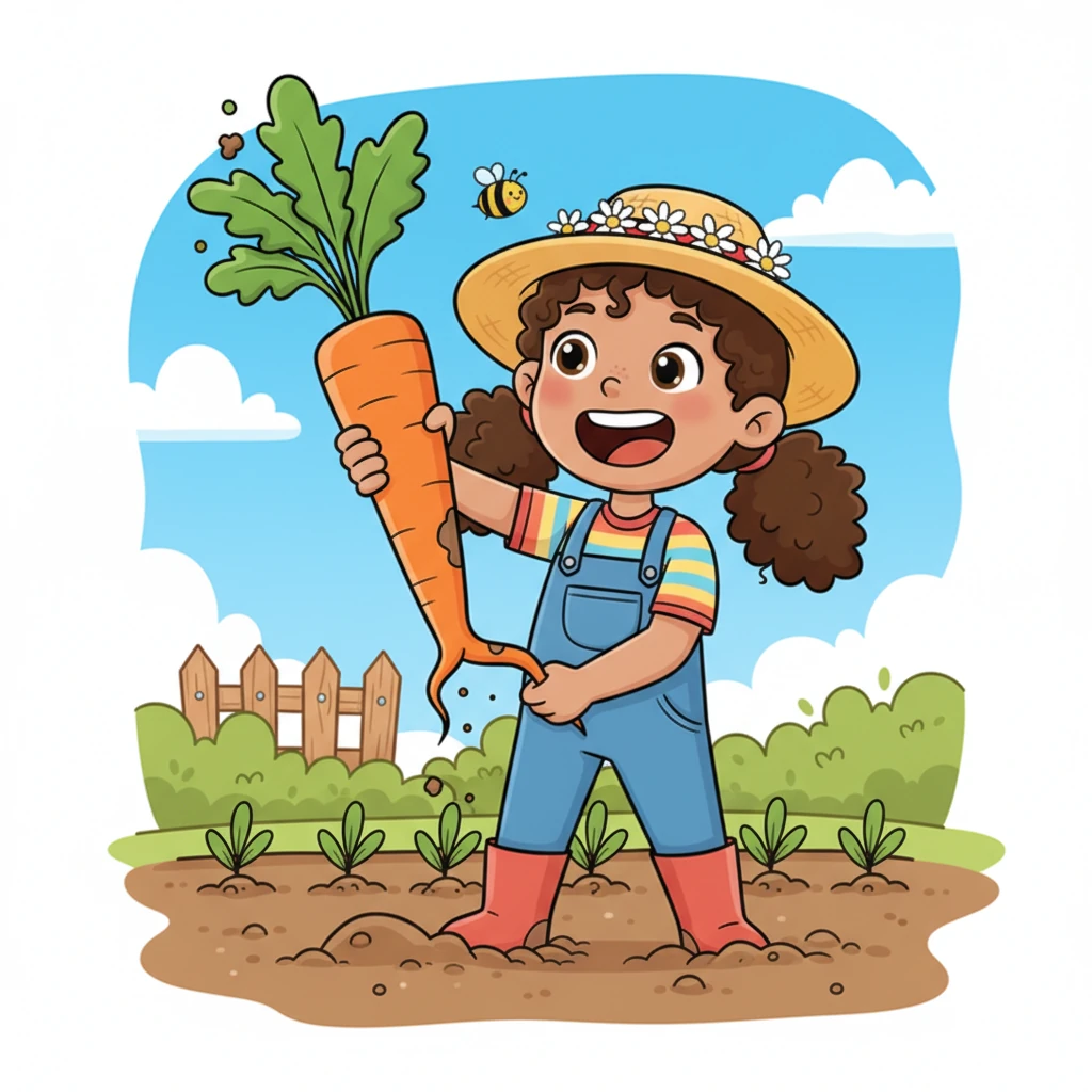 "Hooray!" Lily shouts, pulling a magnificent, bright orange carrot from the earth. It's surprisingly long and a bit wonky, with a funny little twist at the end. She proudly holds up her prize, grinning from ear to ear.
