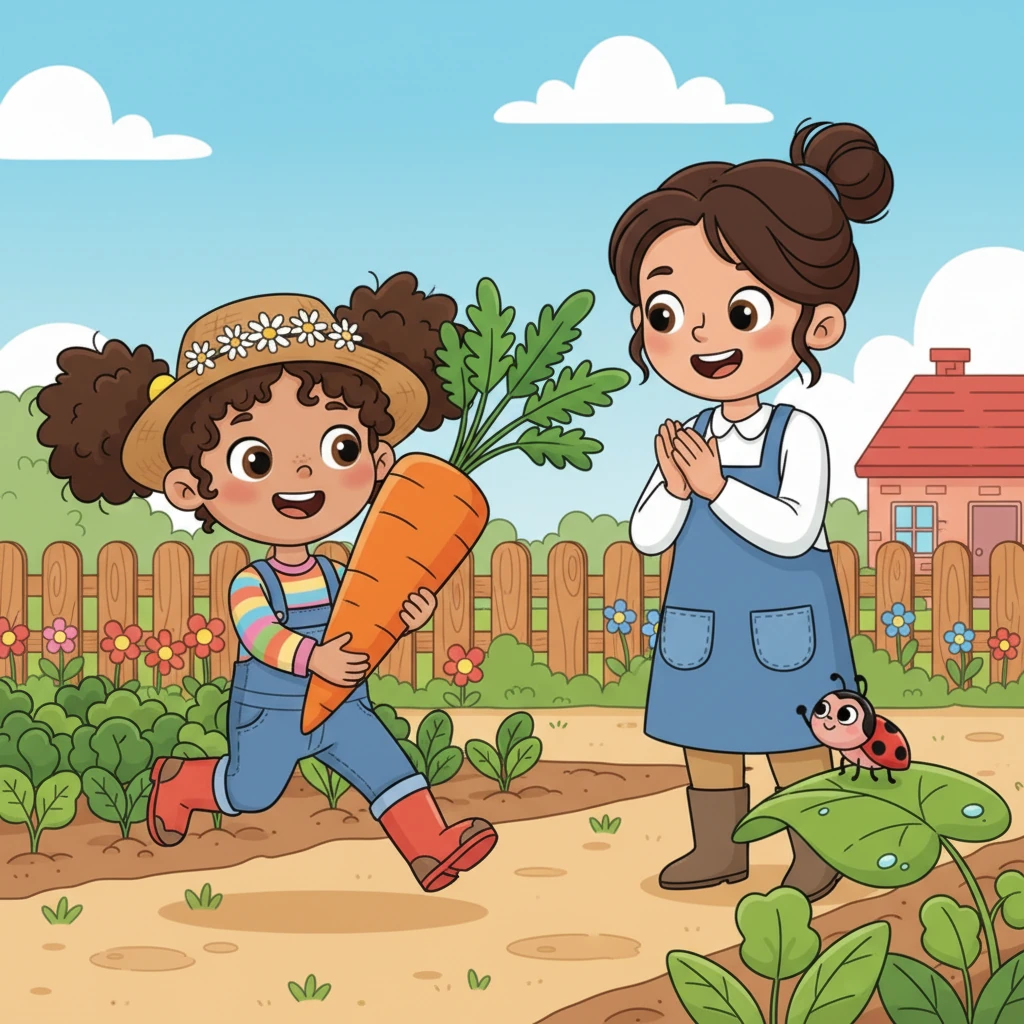 Lily races over to show her grown-up her special carrot. Her grown-up claps and beams, praising Lily's amazing find. Even a little ladybug on a nearby leaf seems to cheer, admiring the vibrant vegetable.