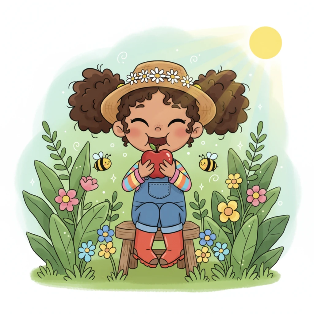 Time for a well-deserved break! Lily munches on a juicy apple, sitting on a tiny stool amidst the flourishing plants. The sun feels warm on her face, and the sweet scent of earth and blossoms fills the air, making her feel cozy and content.