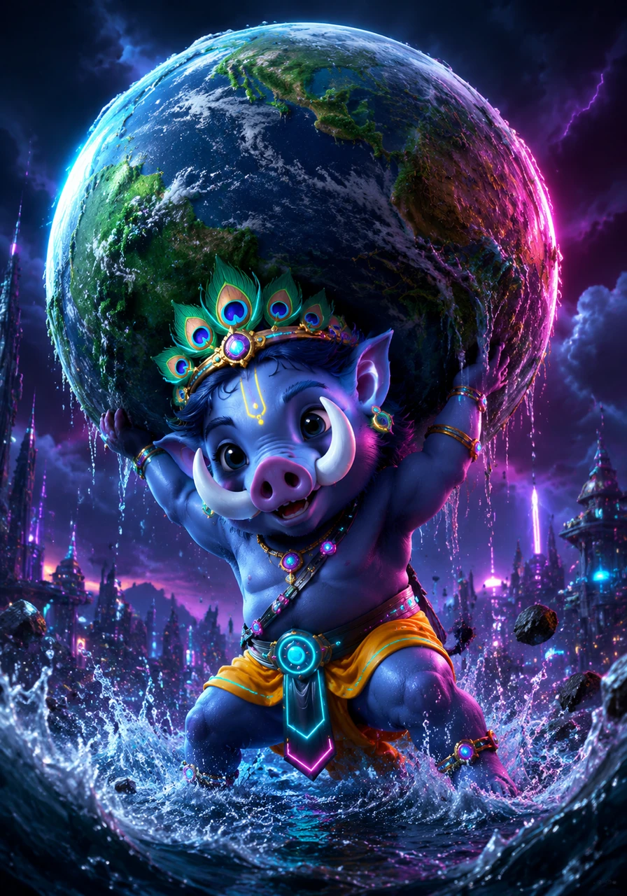 Little Vishnu turns into a strong wild boar with shiny white tusks and a wiggly nose. He uses his powerful legs to dig, dig, dig and lifts the whole green Earth out of the water with a happy snort.