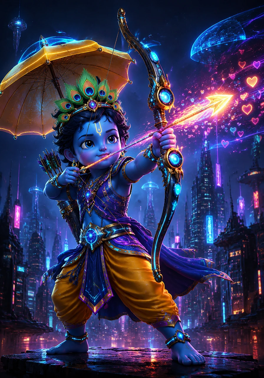 Little Vishnu is a noble prince with a long, curved bow and a quiver of arrows. He stands tall and pulls the string back—zip!—sending a message of kindness and love to everyone in the kingdom.