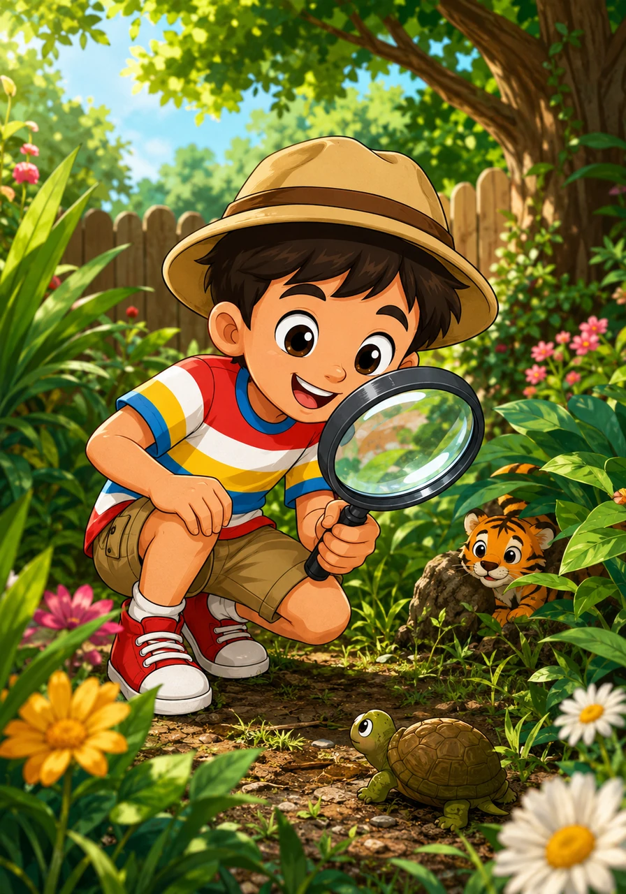 Tito es un niño muy curioso de siete años al que le encanta explorar el jardín de su casa con su enorme lupa. Hoy lleva puesto su gorro favorito y una camiseta de rayas que le da superpoderes de explorador.