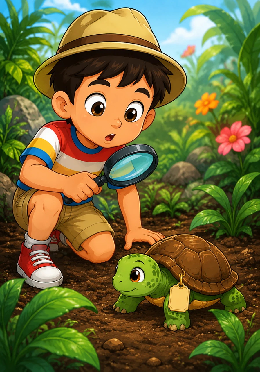 Mientras busca entre las plantas, Tito encuentra una pequeña tortuga que camina despacio sobre la tierra blanda. Para su sorpresa, la tortuga lleva una pequeña etiqueta colgada en su caparazón que dice Tomasa.