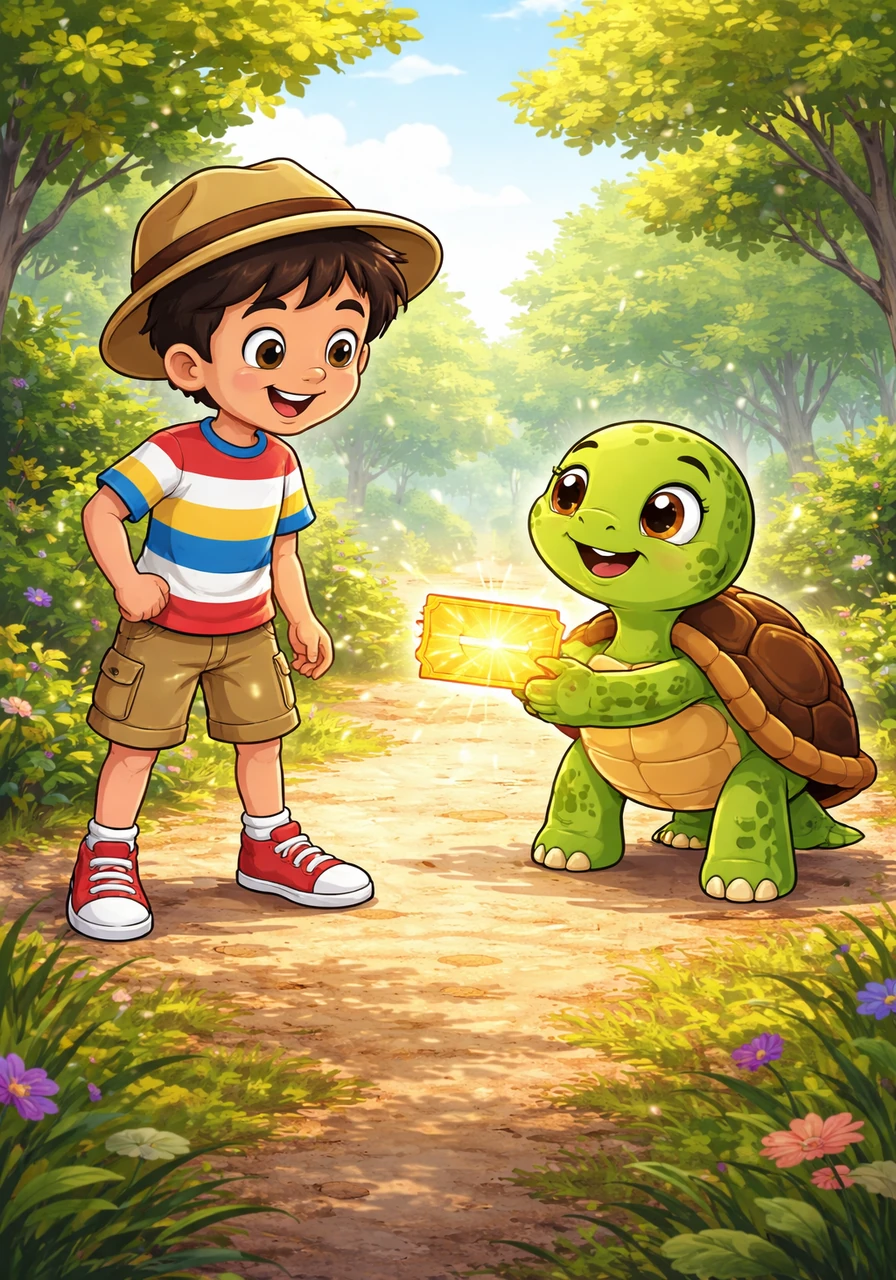 Tomasa la tortuga saluda a Tito con un leve movimiento de cabeza y le obsequia un tique dorado muy brillante. En el tique se puede leer una gran letra T que resplandece bajo los rayos del sol matutino.