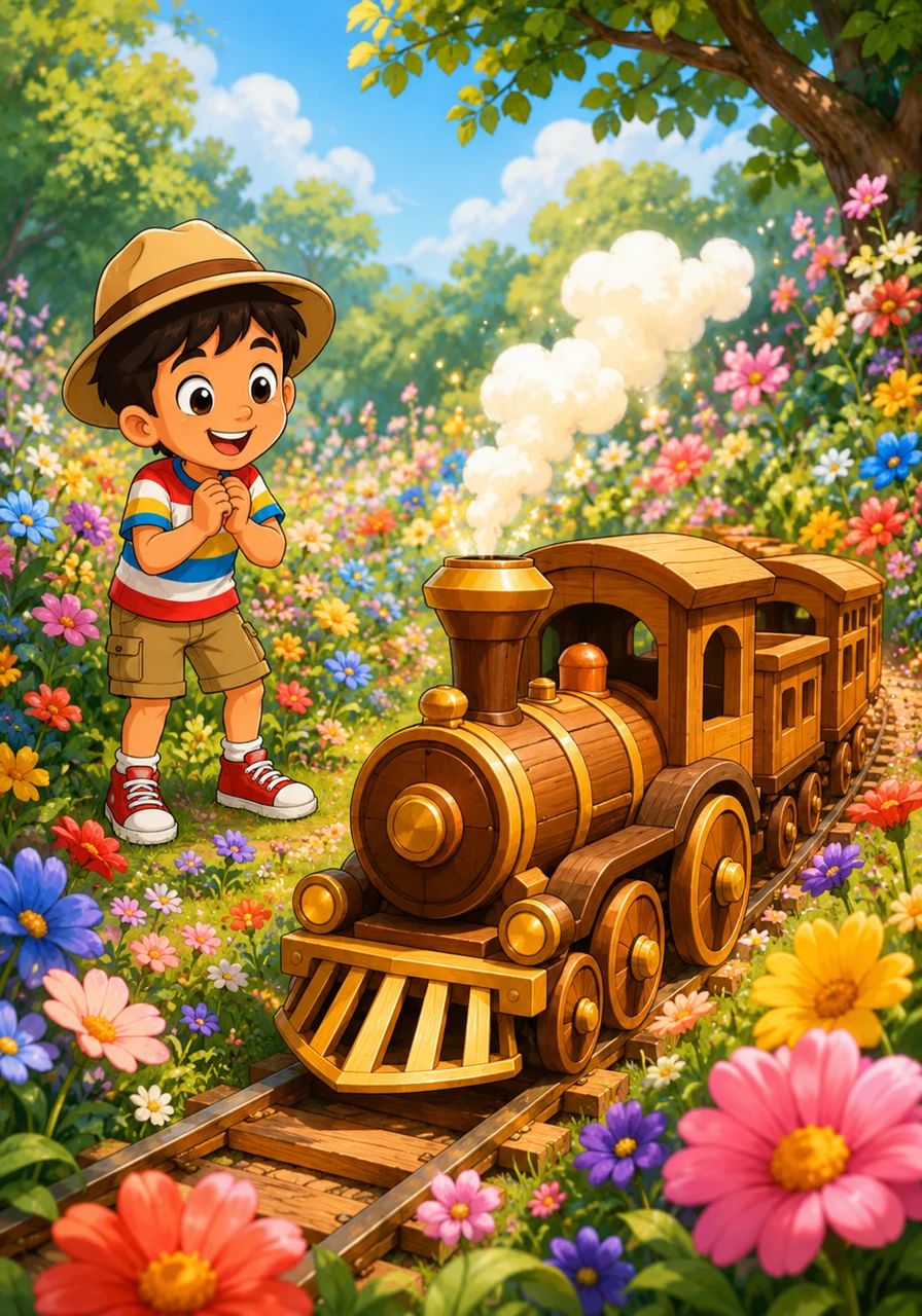 De repente, un silbato resuena a lo lejos y un hermoso tren de madera de juguete aparece mágicamente entre las flores. El tren avanza haciendo un suave sonido que parece decir toc, toc, toc, invitando a Tito a subir.