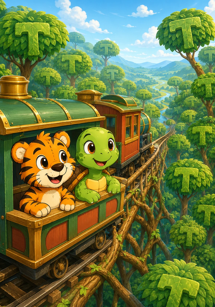 Tito y la tortuga Tomasa viajan felices en el vagón principal mientras el tren cruza un puente hecho de ramas altas. Desde arriba, contemplan un hermoso paisaje lleno de árboles que tienen hojas en forma de la letra T.